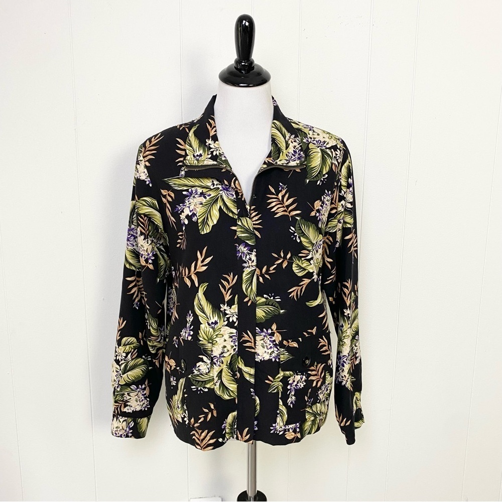 VTG Ac-tiv-ology Women's Black Silk Jacket Floral Full Zip Size Medium Petite